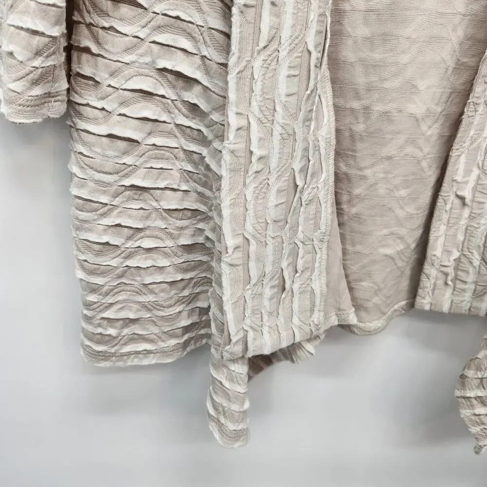VTG. Frank Lyman Lagenlook Crinkle Ruffle Tan Open Front Cardigan Women's 12‎